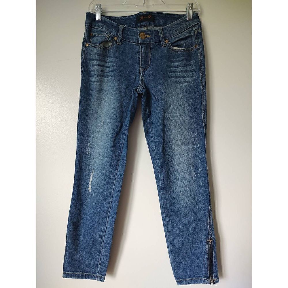 Seven7 Women's Size 4 Medium Wash Ankle Cropped Pants Zipper Slight Distressed